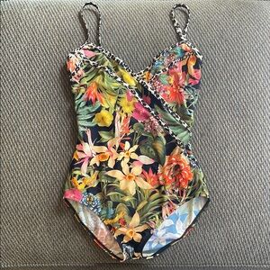 Diva by Rachel Pappo Tropical Swimsuit with Leopard Print Trim, Super Cute, Sz 8